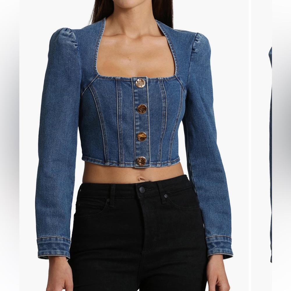 NWT Avec Les Filles Puff Shoulder Denim Cropped Top Sz S